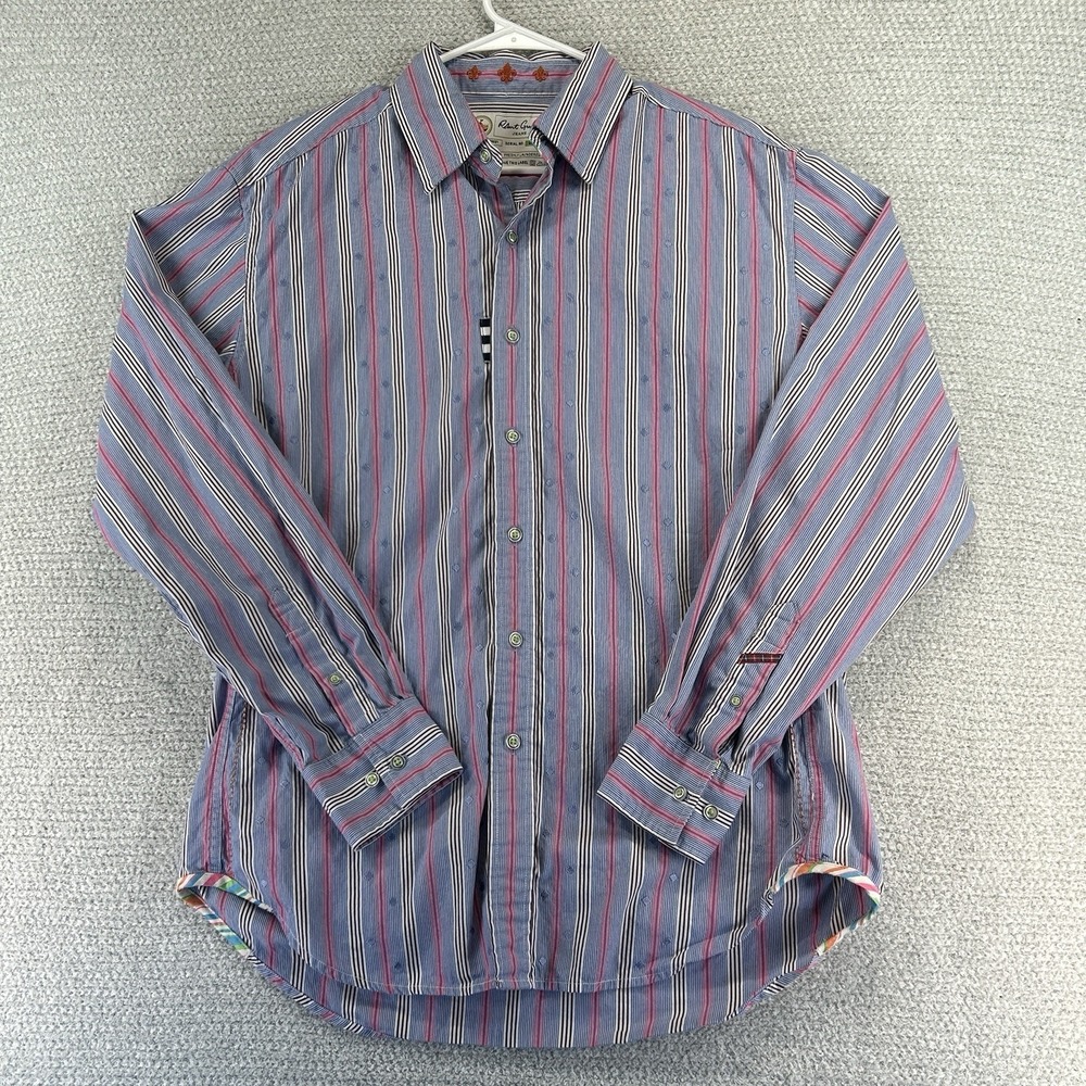 Robert Graham Jeans Button Up Shirt Mens Large Striped Embroidered Diamonds